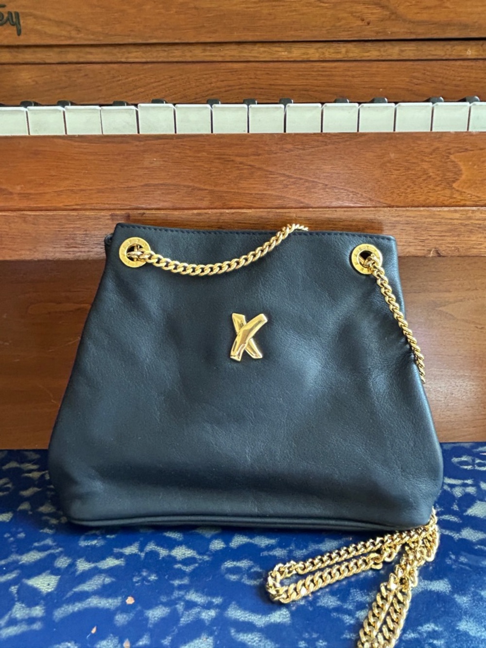 Paloma Picasso Black Leather Mini Shoulder Bag with Gold Chain